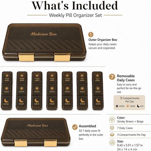Pill Organizer 3X A Day, Weekly Medicine Pill Box with Morning Noon Evening Sections, Brown Opaque Travel Case for Vitamins & Supplements in Kuwait