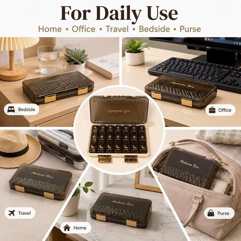 Pill Organizer 3X A Day, Weekly Medicine Pill Box with Morning Noon Evening Sections, Brown Opaque Travel Case for Vitamins & Supplements in Kuwait