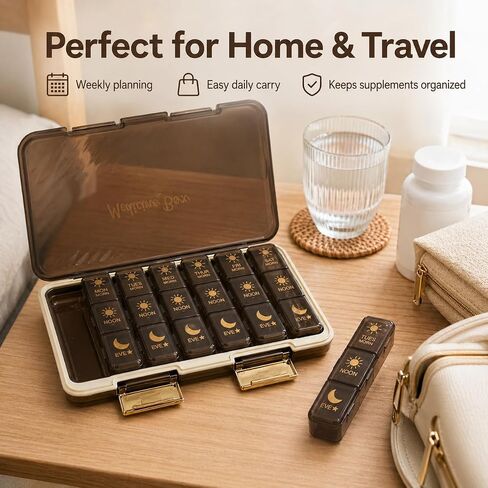 Pill Organizer 3X A Day, Weekly Medicine Pill Box with Morning Noon Evening Sections, Brown Opaque Travel Case for Vitamins & Supplements in Kuwait