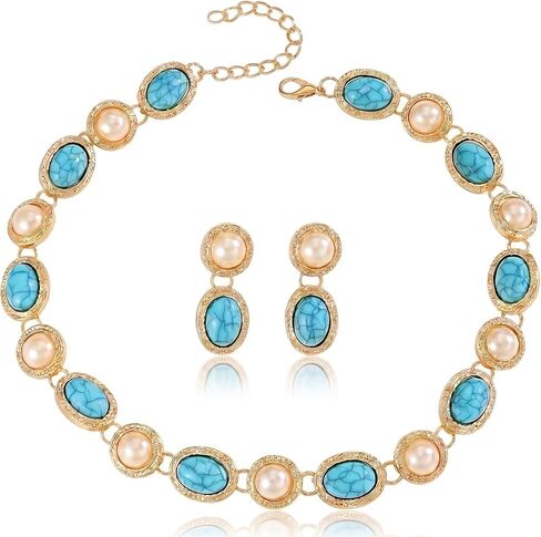 Turquoise Pearl Jewelry Set for Women 14K Gold Plated Choker & Drop Earrings Boho Western Vintage Statement Costume Jewelry for Wedding Birthday Party Gift in Saudi Arabia