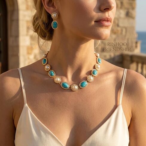 Turquoise Pearl Jewelry Set for Women 14K Gold Plated Choker & Drop Earrings Boho Western Vintage Statement Costume Jewelry for Wedding Birthday Party Gift in Saudi Arabia