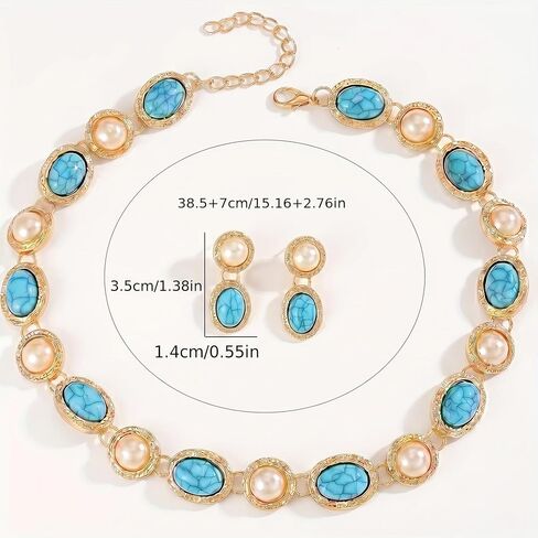 Turquoise Pearl Jewelry Set for Women 14K Gold Plated Choker & Drop Earrings Boho Western Vintage Statement Costume Jewelry for Wedding Birthday Party Gift in Saudi Arabia