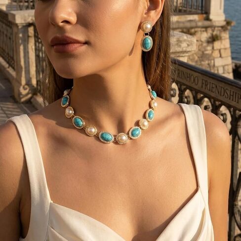 Turquoise Pearl Jewelry Set for Women 14K Gold Plated Choker & Drop Earrings Boho Western Vintage Statement Costume Jewelry for Wedding Birthday Party Gift in Saudi Arabia