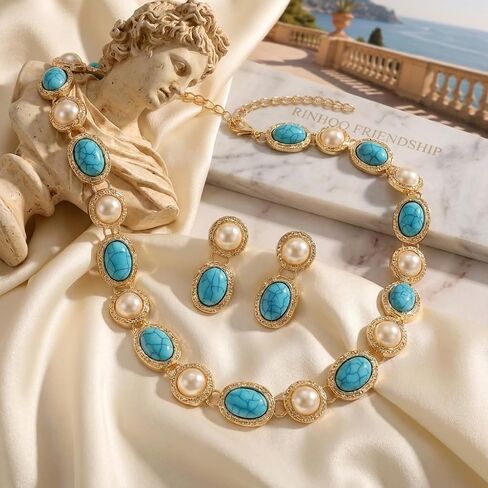 Turquoise Pearl Jewelry Set for Women 14K Gold Plated Choker & Drop Earrings Boho Western Vintage Statement Costume Jewelry for Wedding Birthday Party Gift in Saudi Arabia