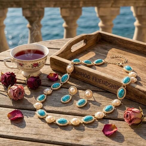 Turquoise Pearl Jewelry Set for Women 14K Gold Plated Choker & Drop Earrings Boho Western Vintage Statement Costume Jewelry for Wedding Birthday Party Gift in Saudi Arabia