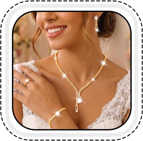Unicra الذهب حجر الراين مجموعات مجوهرات الزفاف قلادة الماس أقراط سوار حلقة مجموعة حفلة موسيقية زي مجوهرات رسمية للنساء والعرائس in Kuwait