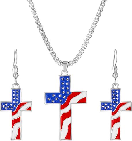 4th of July American Flag Cross Pendant Necklace Earrings Jewelry Set for Women Red Blue White Star Striped Independence Day Patriotic US Flag Cross Dangling Earrings Necklace Jewelry in Saudi Arabia