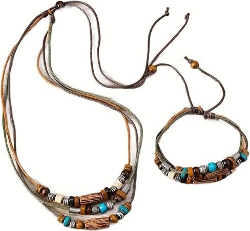 Wooden Leather Necklace Bracelets Set for Women Men Layered Handmade Vintage Cross Flower Leaf Feather Ethnic Tribal Wood Beads Long Adjustable Cord Jewelry Sets for Boho Hippie Sweater Jewelry in Saudi Arabia
