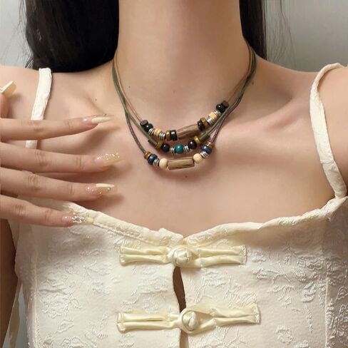 Wooden Leather Necklace Bracelets Set for Women Men Layered Handmade Vintage Cross Flower Leaf Feather Ethnic Tribal Wood Beads Long Adjustable Cord Jewelry Sets for Boho Hippie Sweater Jewelry in Saudi Arabia