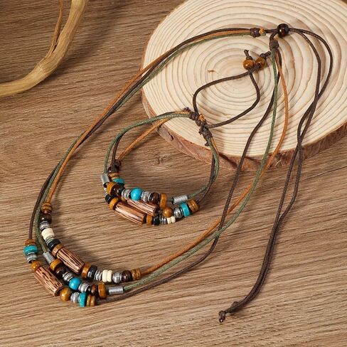 Wooden Leather Necklace Bracelets Set for Women Men Layered Handmade Vintage Cross Flower Leaf Feather Ethnic Tribal Wood Beads Long Adjustable Cord Jewelry Sets for Boho Hippie Sweater Jewelry in Saudi Arabia