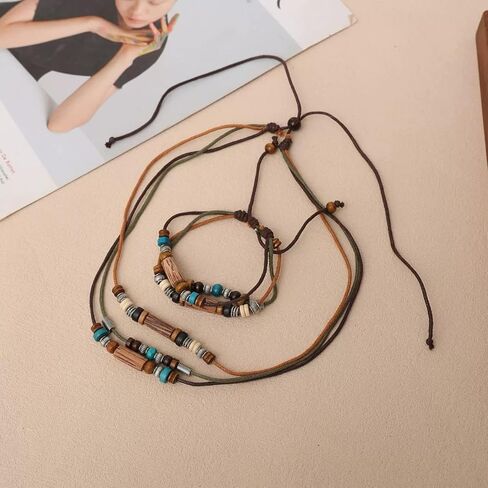 Wooden Leather Necklace Bracelets Set for Women Men Layered Handmade Vintage Cross Flower Leaf Feather Ethnic Tribal Wood Beads Long Adjustable Cord Jewelry Sets for Boho Hippie Sweater Jewelry in Saudi Arabia