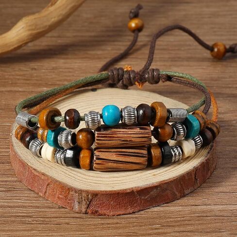 Wooden Leather Necklace Bracelets Set for Women Men Layered Handmade Vintage Cross Flower Leaf Feather Ethnic Tribal Wood Beads Long Adjustable Cord Jewelry Sets for Boho Hippie Sweater Jewelry in Saudi Arabia