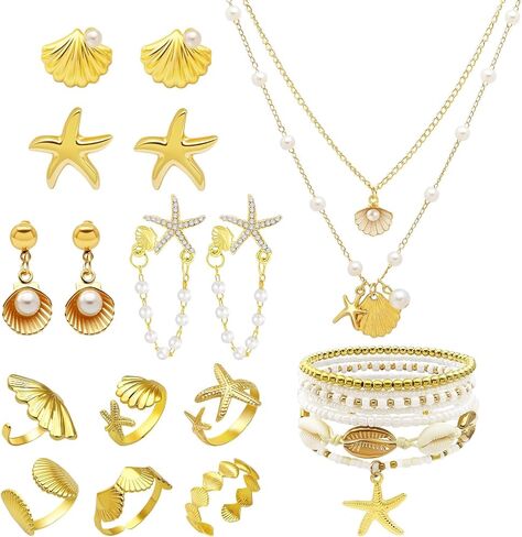 19 Pcs Starfish Seashell Beach Jewelry for Women Layered Shell Necklace Beaded Bracelets Anklet Pearl Seashell Starfish Earrings Studs Rings Summer Beach Holiday Tropical Vacation Outfits in Saudi Arabia