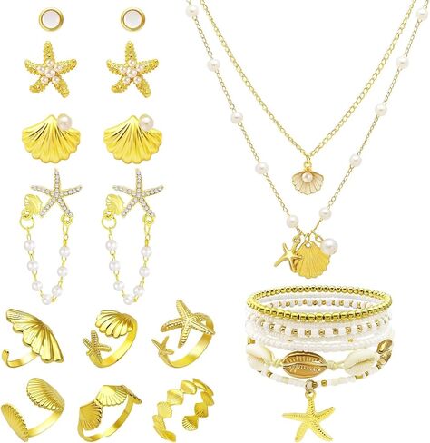 19 Pcs Starfish Seashell Beach Jewelry for Women Layered Shell Necklace Beaded Bracelets Anklet Pearl Seashell Starfish Earrings Studs Rings Summer Beach Holiday Tropical Vacation Outfits in Saudi Arabia