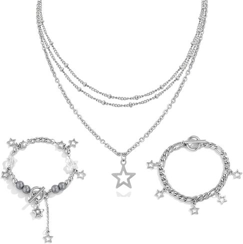Y2k Stylish Silver Stainless Steel Layered Chain Star Pendant Necklace Bracelets Jewelry Set Gift for Women Christmas in Saudi Arabia