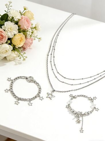 Y2k Stylish Silver Stainless Steel Layered Chain Star Pendant Necklace Bracelets Jewelry Set Gift for Women Christmas in Saudi Arabia