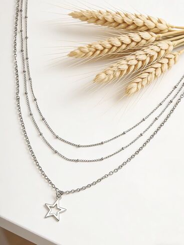 Y2k Stylish Silver Stainless Steel Layered Chain Star Pendant Necklace Bracelets Jewelry Set Gift for Women Christmas in Saudi Arabia