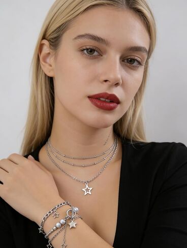 Y2k Stylish Silver Stainless Steel Layered Chain Star Pendant Necklace Bracelets Jewelry Set Gift for Women Christmas in Saudi Arabia