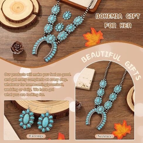 Turquoise Jewelry for Women – Western Jewelry Set with Necklace & Earring, Vintage Boho Cowgirl Accessories Adjustable Western Necklaces for Women Country Jewelry Gift for Her (Turquoise Jewelry-C) in Saudi Arabia