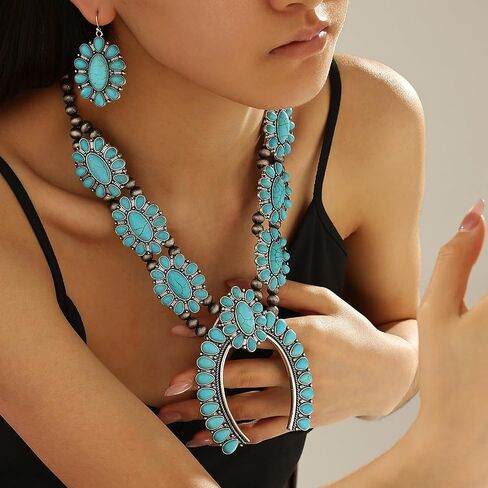 Turquoise Jewelry for Women – Western Jewelry Set with Necklace & Earring, Vintage Boho Cowgirl Accessories Adjustable Western Necklaces for Women Country Jewelry Gift for Her (Turquoise Jewelry-C) in Saudi Arabia