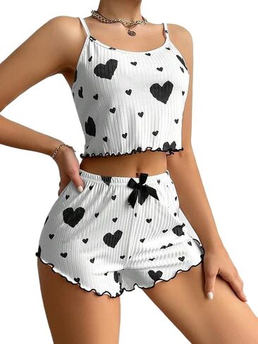 Women's Heart Print Ribbed Pajama Set, Sleeveless Crop Cami Top & Shorts Loungewear for Sleep in Kuwait