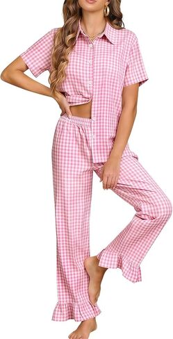 COZYPOIN 100% Cotton Pajamas Set for Womens Gingham 2 Piece Short Sleeve Button Down Shirt Ruffle Pants Vacation Sleepwear(Pink-L) in Saudi Arabia