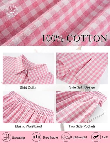 COZYPOIN 100% Cotton Pajamas Set for Womens Gingham 2 Piece Short Sleeve Button Down Shirt Ruffle Pants Vacation Sleepwear(Pink-L) in Saudi Arabia