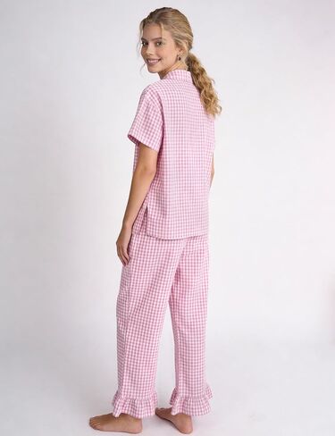 COZYPOIN 100% Cotton Pajamas Set for Womens Gingham 2 Piece Short Sleeve Button Down Shirt Ruffle Pants Vacation Sleepwear(Pink-L) in Saudi Arabia