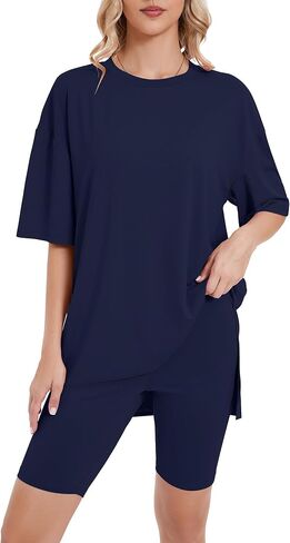 Heymoments 2 Piece Lounge Set for Women Oversized T-Shirt and Biker Shorts Pajama Set Soft Summer Pajamas Set in Kuwait