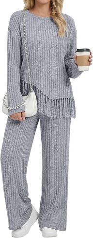 Women 2 Piece Sweater Set Ribbed Knit Lounge Set Long Sleeve Tassel Sweater Wide Leg Travel Loungewear with Pockets in Saudi Arabia