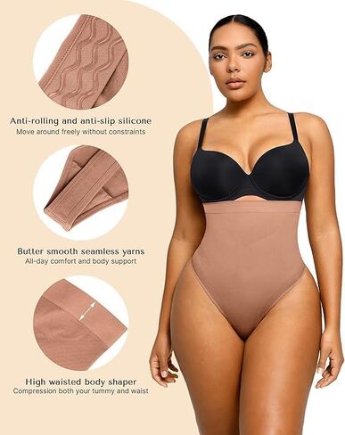 SHAPELLX Women Shapewear Thong Tummy Control Seamless Body Shaper Underwear Waist Slimming Shapewear Panties M L Brown in Kuwait