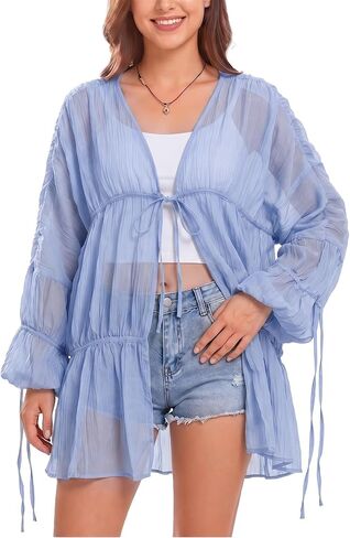 Duyang Women Boho Chiffon Swimsuit Coverup Ruched Bell Sleeve Bathing Suit Flowy Tie Front Tops Casual Summer Beach Cardigan(Light-Blue,S) in Saudi Arabia
