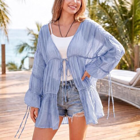 Duyang Women Boho Chiffon Swimsuit Coverup Ruched Bell Sleeve Bathing Suit Flowy Tie Front Tops Casual Summer Beach Cardigan(Light-Blue,S) in Saudi Arabia