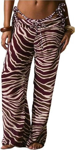 MakeMeChic Women's Wide Leg Beach Pants Swimsuit Coverup Zebra Striped Chiffon Cover Ups in Kuwait