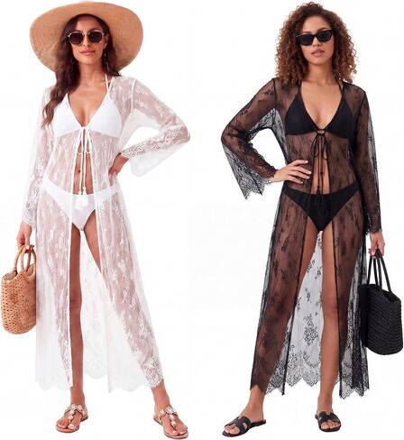 Unittype 2 Pcs Women Sexy Long Lace Kimono Dress Sheer Gown Beach Cover up Bikini Swimsuit Bathing Robe Cardigan White Black in Kuwait
