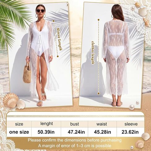Unittype 2 Pcs Women Sexy Long Lace Kimono Dress Sheer Gown Beach Cover up Bikini Swimsuit Bathing Robe Cardigan White Black in Kuwait