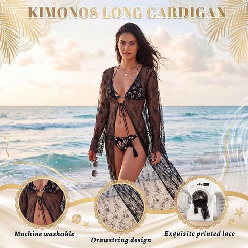 Unittype 2 Pcs Women Sexy Long Lace Kimono Dress Sheer Gown Beach Cover up Bikini Swimsuit Bathing Robe Cardigan White Black in Kuwait