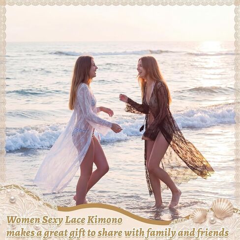 Unittype 2 Pcs Women Sexy Long Lace Kimono Dress Sheer Gown Beach Cover up Bikini Swimsuit Bathing Robe Cardigan White Black in Kuwait