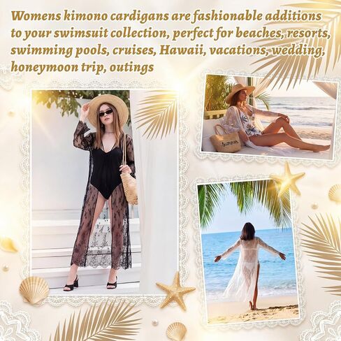 Unittype 2 Pcs Women Sexy Long Lace Kimono Dress Sheer Gown Beach Cover up Bikini Swimsuit Bathing Robe Cardigan White Black in Kuwait