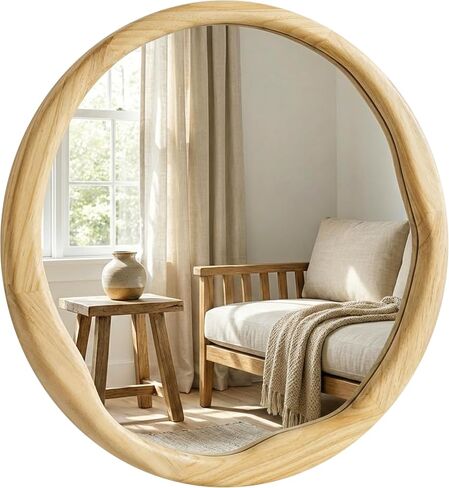 Natural Wood Round Wall Mirror 30 Inch, Large Solid Wood Framed Mirror with Wavy Inner Edge for Bathroom Vanity, Living Room & Organic Boho Decor in Saudi Arabia