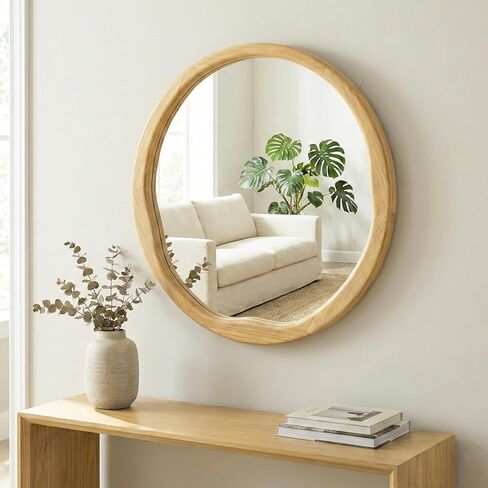 Natural Wood Round Wall Mirror 30 Inch, Large Solid Wood Framed Mirror with Wavy Inner Edge for Bathroom Vanity, Living Room & Organic Boho Decor in Saudi Arabia