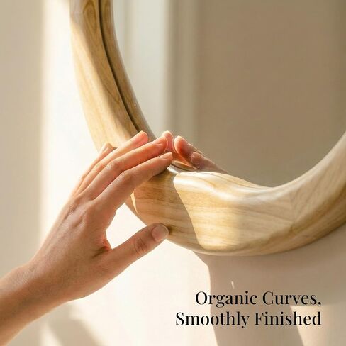 Natural Wood Round Wall Mirror 30 Inch, Large Solid Wood Framed Mirror with Wavy Inner Edge for Bathroom Vanity, Living Room & Organic Boho Decor in Saudi Arabia