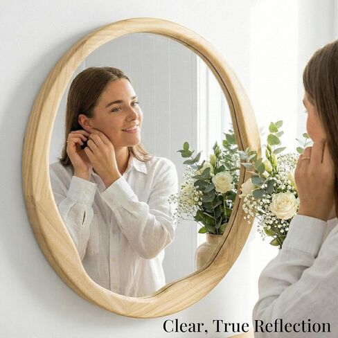 Natural Wood Round Wall Mirror 30 Inch, Large Solid Wood Framed Mirror with Wavy Inner Edge for Bathroom Vanity, Living Room & Organic Boho Decor in Saudi Arabia