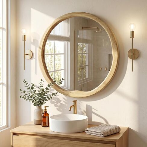 Natural Wood Round Wall Mirror 30 Inch, Large Solid Wood Framed Mirror with Wavy Inner Edge for Bathroom Vanity, Living Room & Organic Boho Decor in Saudi Arabia