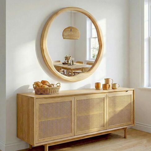 Natural Wood Round Wall Mirror 30 Inch, Large Solid Wood Framed Mirror with Wavy Inner Edge for Bathroom Vanity, Living Room & Organic Boho Decor in Saudi Arabia