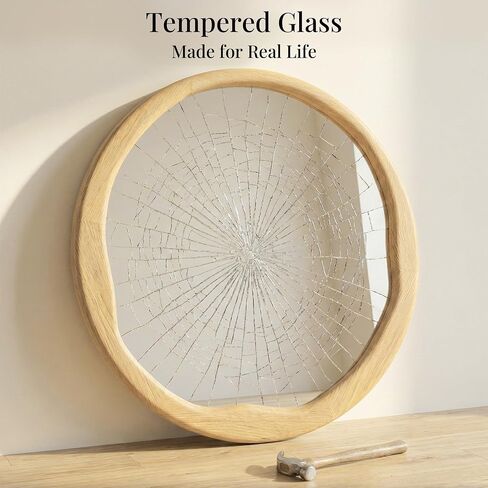 Natural Wood Round Wall Mirror 30 Inch, Large Solid Wood Framed Mirror with Wavy Inner Edge for Bathroom Vanity, Living Room & Organic Boho Decor in Saudi Arabia