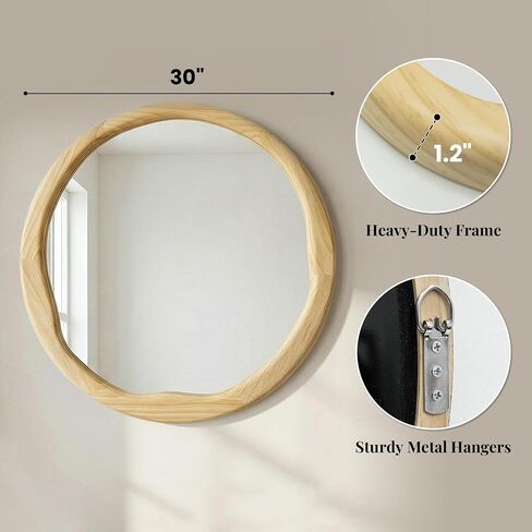 Natural Wood Round Wall Mirror 30 Inch, Large Solid Wood Framed Mirror with Wavy Inner Edge for Bathroom Vanity, Living Room & Organic Boho Decor in Saudi Arabia