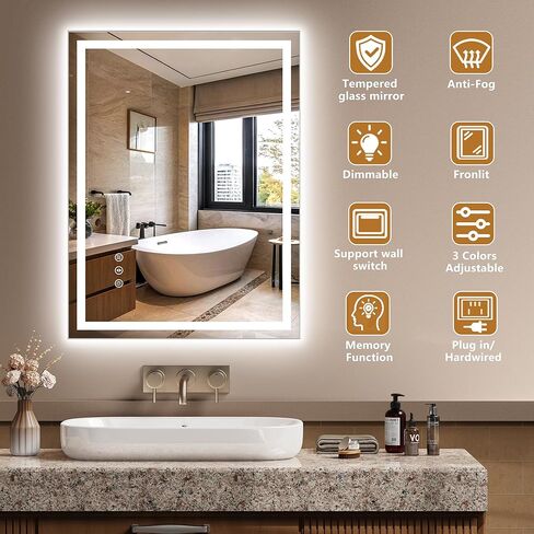 24x32 Inch LED Lighted Bathroom Mirror - Anti-Fog Vanity Mirror with Dimmable Front & Backlit, 3 Color Temp, Smart Memory - Shatterproof HD Glass, IP54 Waterproof Wall Mounted for Makeup Shaving in Saudi Arabia