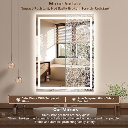 24x32 Inch LED Lighted Bathroom Mirror - Anti-Fog Vanity Mirror with Dimmable Front & Backlit, 3 Color Temp, Smart Memory - Shatterproof HD Glass, IP54 Waterproof Wall Mounted for Makeup Shaving in Saudi Arabia