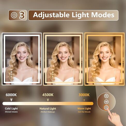 24x32 Inch LED Lighted Bathroom Mirror - Anti-Fog Vanity Mirror with Dimmable Front & Backlit, 3 Color Temp, Smart Memory - Shatterproof HD Glass, IP54 Waterproof Wall Mounted for Makeup Shaving in Saudi Arabia